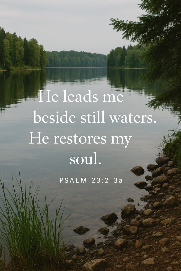 A calm lakeside with still water reflecting trees and sky, paired with the verse “He leads me beside still waters. He restores my soul.” from Psalm 23:2–3a