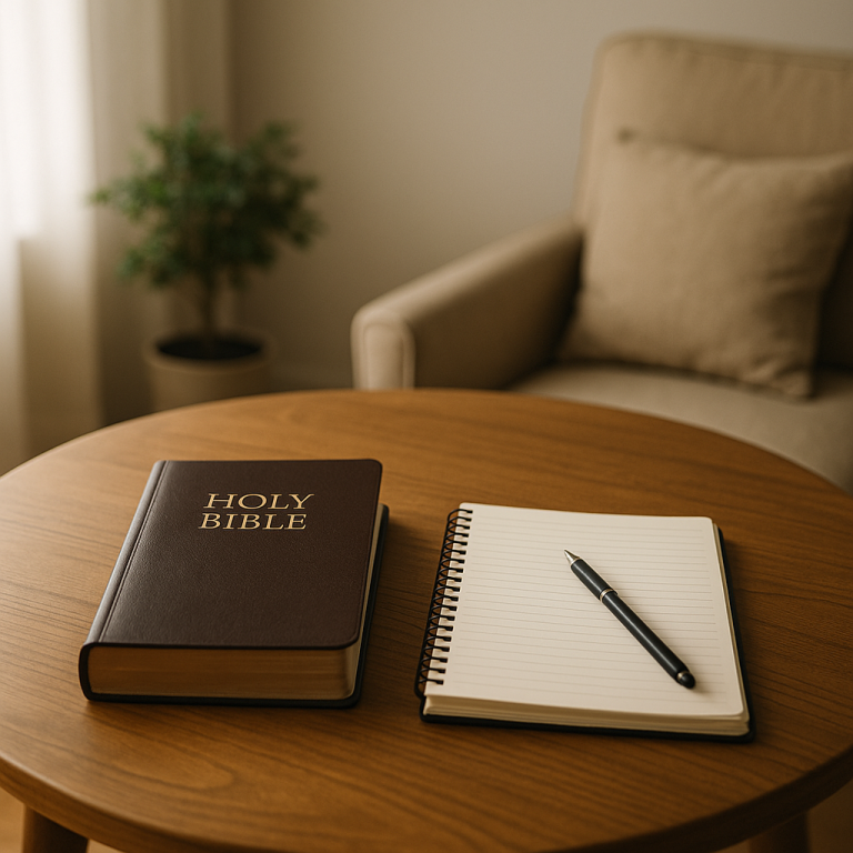 A Holy Bible and open notebook with pen on a wooden table in a peaceful, softly lit counseling space